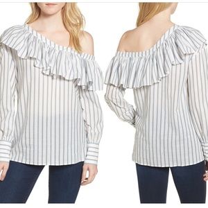 PAIGE Halsey one-shoulder ruffle striped poplin blouse size M